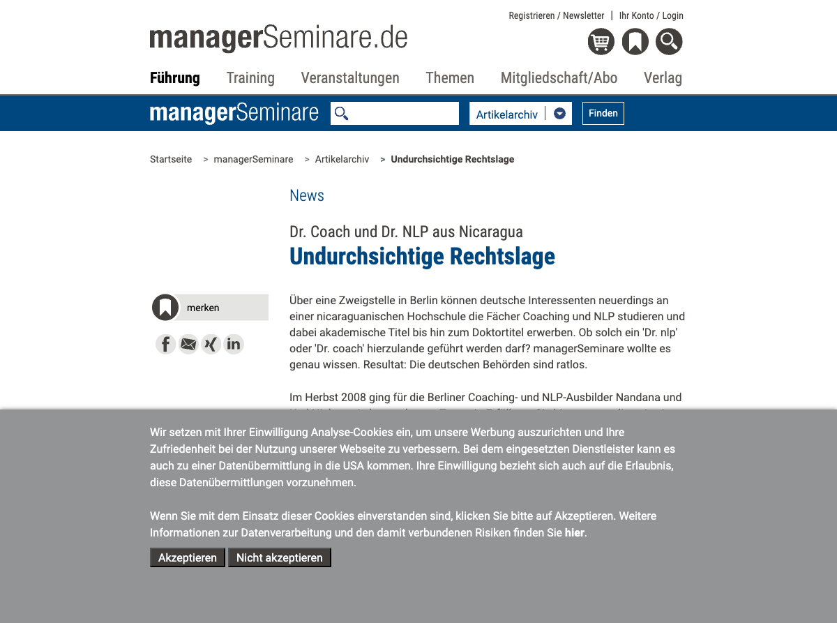 Німецьке видання Managerseminare ще 2008 року розбирало схему «докторів НЛП із Нікарагуа»